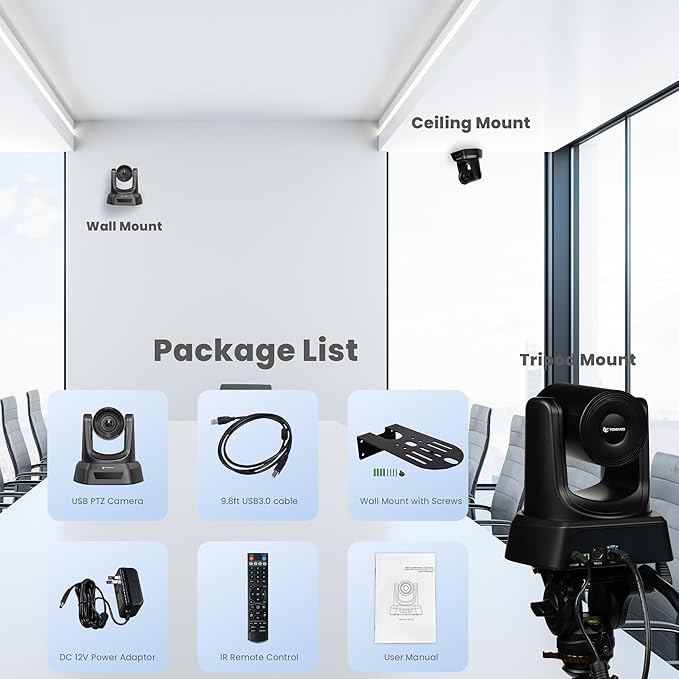 3X Optical Zoom PTZ Camera HDMI USB 3.0 1080P 60fps 114-Degree Wide-Angle for Video Conference Business Meeting Live Streaming Online Learn with Zoom YouTube Teams OBS and More-DeskLoop Office