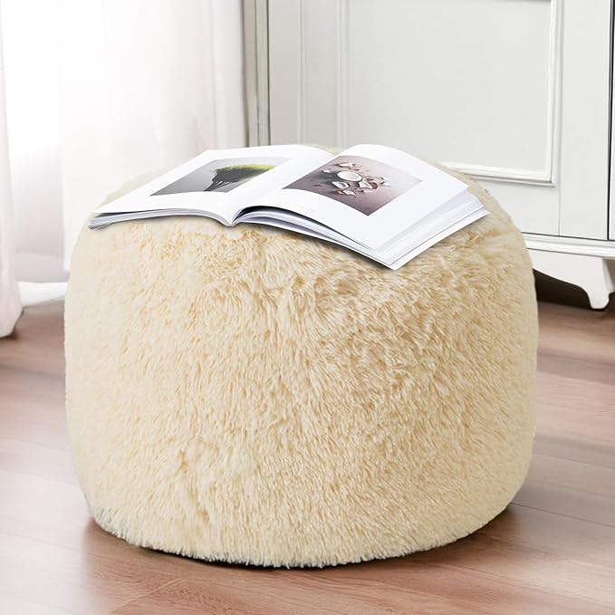 HIGOGOGO Round Stuffed Pouf Ottoman, Long Faux Fur Poufs with Foam Chunk Filling, Fluffy and Furry Pouf Foot Stool Storage Ottoman, 20 X 15 Floor Poufs Foot Rest for Living Room, Beige-DeskLoop Office