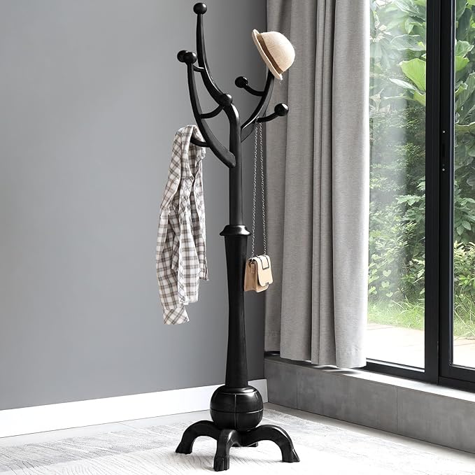 Heavy Duty Coat Rack Freestanding Wood Tree Rack with 8 Hooks, Unique Design Tree Branch-look, Premium Coat Tree Clothes Hanger Stand with Sphere Base for Entryway, Hallway, Bedroom-Load 160lbs Black-DeskLoop Office
