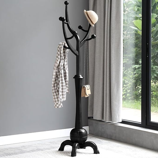 Heavy Duty Coat Rack Freestanding Wood Tree Rack with 8 Hooks, Unique Design Tree Branch-look, Premium Coat Tree Clothes Hanger Stand with Sphere Base for Entryway, Hallway, Bedroom-Load 160lbs Black-DeskLoop Office