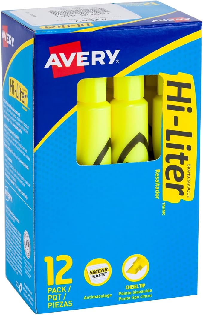 Avery Hi-Liter Desk-Style Highlighters, Smear Safe Ink, Chisel Tip, 12 by Avery