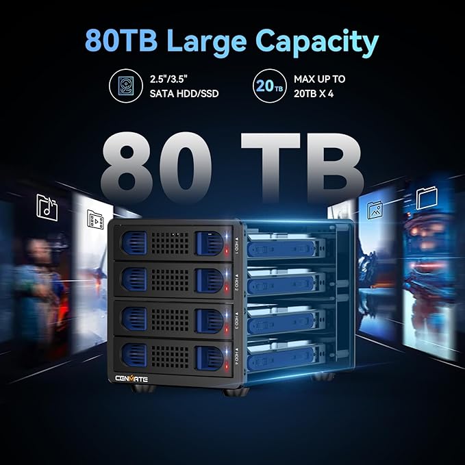 4 Bay Hard Drive Enclosure with Cooling Fan for 2.5/3.5" SATA HDD/SSD with USB A/C 3.0 Cable, Tool-Free HDD Enclosure, 3.5 Hard Drive Enclosure Support 80TB, Hot Swappable(NO RAID/NAS)-DeskLoop Office