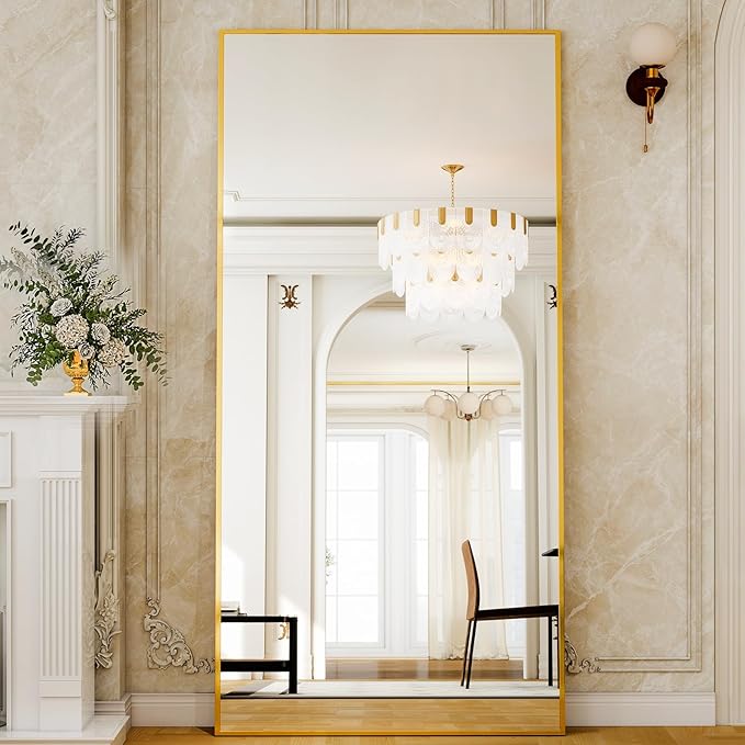 GLSLAND-38 x 77" Rectangular Full Length Mirror - Large Floor Mirrors Aluminum Alloy Frame Full Body Dressing Mirror for Bedroom, Living Room,Gold-DeskLoop Office