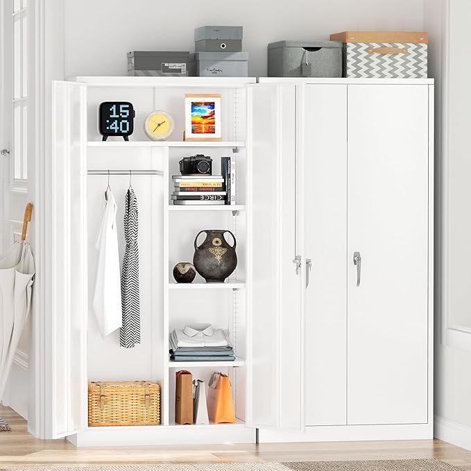 Greenvelly Metal Storage Wardrobe Cabinet with Lock, 72" White Metal Wardrobe Closet for Hanging Clothes with Doors and Shelves, Modern Clothes Closet for Home, Office and Bedroom, School,Gym-DeskLoop Office