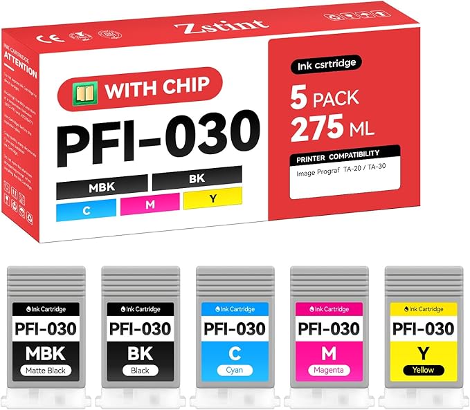 PFI-030 Pigment Ink Tank Kit 5-Pack 55ml High Capacity Replacement for Canon PFI-030 PFI030 Ink Cartridges Compatible for Canon imagePROGRAF TA-20 TA-30 TM-240 TM-340 Printer Black Cyan Yellow Magenta-DeskLoop Office