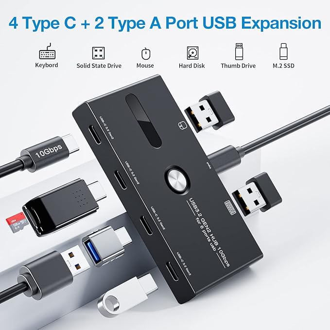 10Gbps USB C Hub, 6 Ports USB C Splitter, USB C to USB C Hub for PC, Laptop, MacBook Pro/Air, iMac, Surface Pro, Chromebook, Etc(HUB ONLY, Not Support Charging/Monitor)-DeskLoop Office