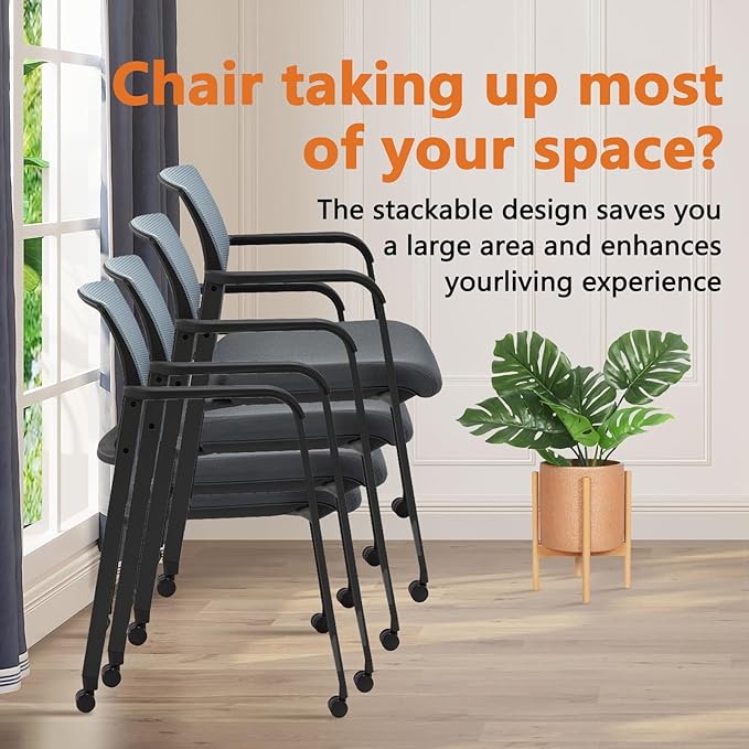 CLATINA Grey Waiting Room Chair with Wheels Mesh Back Stacking Arm Chairs with Upholstered Fabric Seat and Ergonomic Lumbar Support for Office School Church Guest Reception-DeskLoop Office