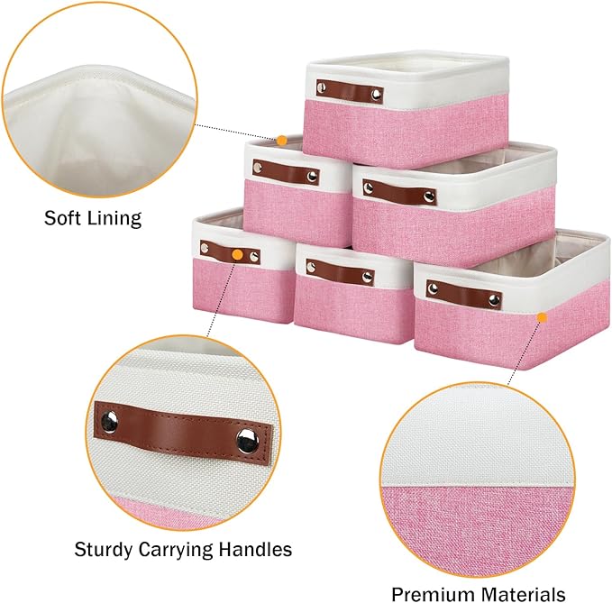 DULLEMELO Small Storage Baskets 6 Pack, Fabric Collapsible Gift Storage Baskets for Shelves, Closets, Nursery, Home, Office Organizing,Small Canvas Linen Rectangular Storage Bins (6-Pack, White&Pink)-DeskLoop Office