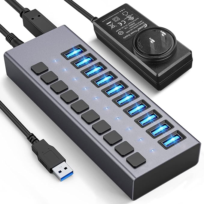 48W Powered USB Hub - ACASIS 10 Ports USB 3.0 Data Hub, Individual On/Off Switches, 12V/4A Power Adapter, Aluminum Housing, USB Splitter for PC, Computer, Mobile HDD, Flash Drive-DeskLoop Office