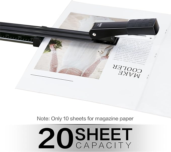 Deli Long Reach Stapler with 1000 Staples, 20 Sheet Capacity, Long Arm Standard Staplers for Booklet or Book Binding, Black