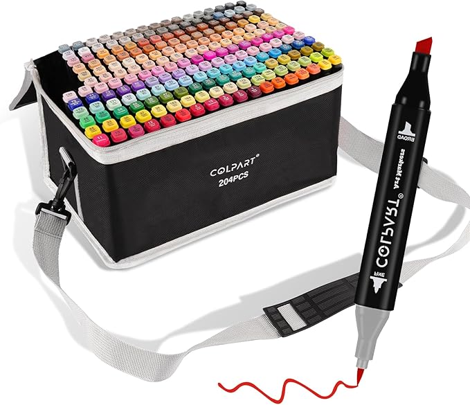 204 Colors Alcohol Markers Set Dual Tip Art Markers for Kids Marker Pens with Pen Holder and Carry Bag for Adult Coloring Painting Supplies Perfect for Painting, Coloring, Sketching and Drawing-DeskLoop Office