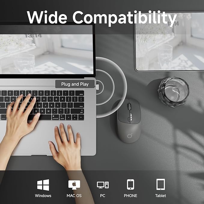 EWEADN Q5 Wireless Mouse, Bluetooth & 2.4G Quiet Computer Mouses with 1600 DPI, Battery Level Display, Ergonomic Office Mouse,6 Button Portable Cute Cordless Mice for Laptop/PC/Mac- Black-DeskLoop Office