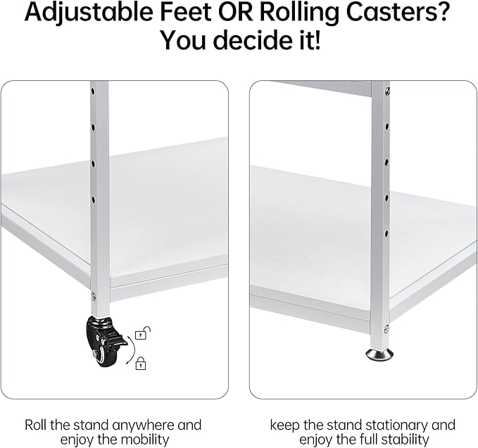 White Printer Stand, 23.6 x18.9 x 30 Inches Big Size Printer Table with Adjustable Shelf, 3 Tier Rolling Printer Cart with Wheels for Home Office Storage and Organization-DeskLoop Office