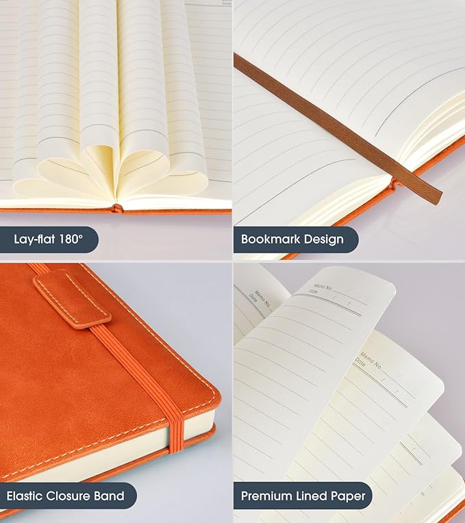 Lined Journal Notebook for Women Men,256 Pages A5 Hardcover Leather Journals for Writing,Travel,Business,Work & School,College Ruled Notebooks for Note Taking,Diary Notepad 5.7"×8.3" orange-DeskLoop Office