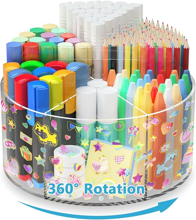 Acrylic Pen Holder with 2 Adhesive DIY Stickers, Desk Organizer Marker Holder with Cute Sticker, 360 Degree Office Supply Organizer Clear Pencil Holder Kid Art Supply Storage Organizer 6 Compartments-DeskLoop Office