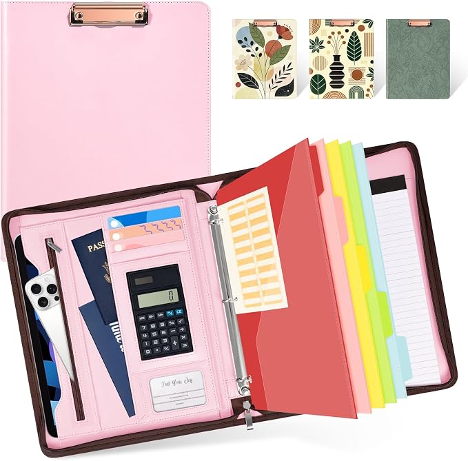 Ospelelf Pink Leather Portfolio Binder 3 Ring, Zippered Clipboard Folder by OspelelfOfficeSupplies