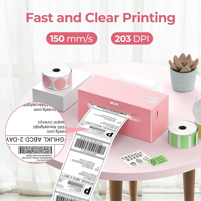 Nelko Bluetooth Thermal Shipping Label Printer, Wireless 4x6 Shipping Label Printer for Small Business, Support Android, iPhone and Windows, Widely Used for Amazon, Ebay, Shopify, USPS(Pink)-DeskLoop Office