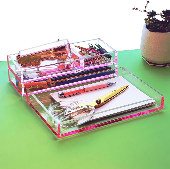 4-Piece Stackable Pink Acrylic Desk Organizer - Image 5