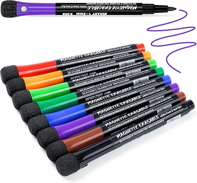 JR.WHITE Fine Tip Dry Erase Markers 8 Pack, Magnetic Dry Erase Markers by JRWHITE