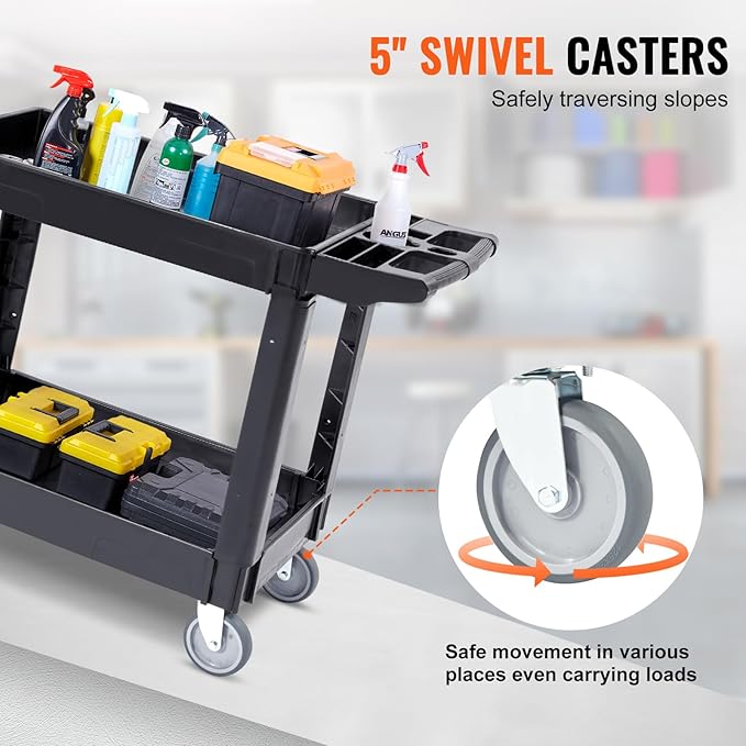 VEVOR Utility Service Cart, 2 Shelf 550LBS Heavy Duty Plastic Rolling Utility - Image 3