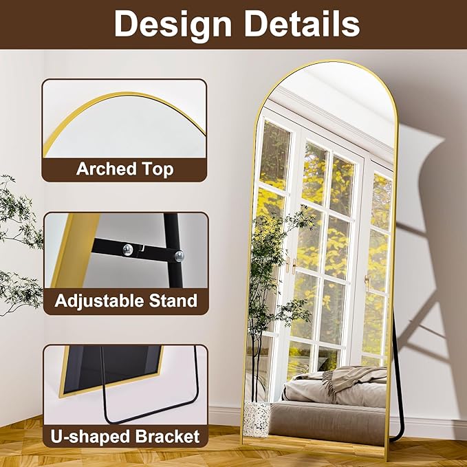 21" x 64"Arched Full Length Mirror - Wall Mounted Floor Mirror- Aluminum Alloy Frame Full Body Mirror for Bathroom Living Room Bedroom and Entryway Gold-DeskLoop Office