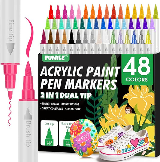 FUMILE 48 Colors Dual Tip Acrylic Paint Pens, Paint Markers by FUMILE