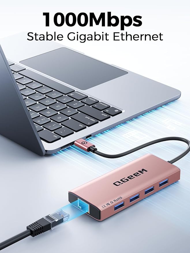 QGeeM USB C Hub Ethernet,9 in 1 USB Type C Hub HDMI Multi-Port Converter Adapter,100W Pd, USB 3.0,SD/TF Card Reader,Compatible for MacBook Pro Air Ipad HP Dell Lenovo Chromebook etc.-Pink-DeskLoop Office