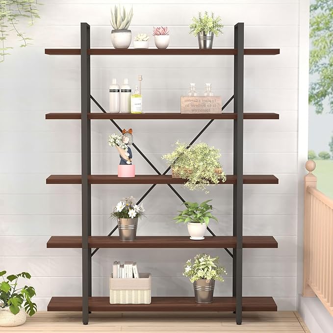 HSH Walnut 5 Tier Bookshelf, Tall Bookcases and Book Shelves 5 Shelf, Large Industrial Metal Wood Display Book Shelf Storage Rack, Rustic Open Bookcase Bookshelves for Bedroom Living Room Office-DeskLoop Office
