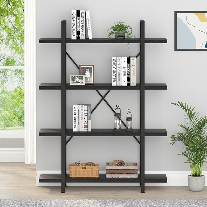 HSH 4 Tier Black Bookshelf, Industrial Metal Wood Storage Book Shelves, Modern Open 4 Shelf Bookcase and Display Etagere, Vertical Book Shelf for Bedroom Living Room Office-DeskLoop Office