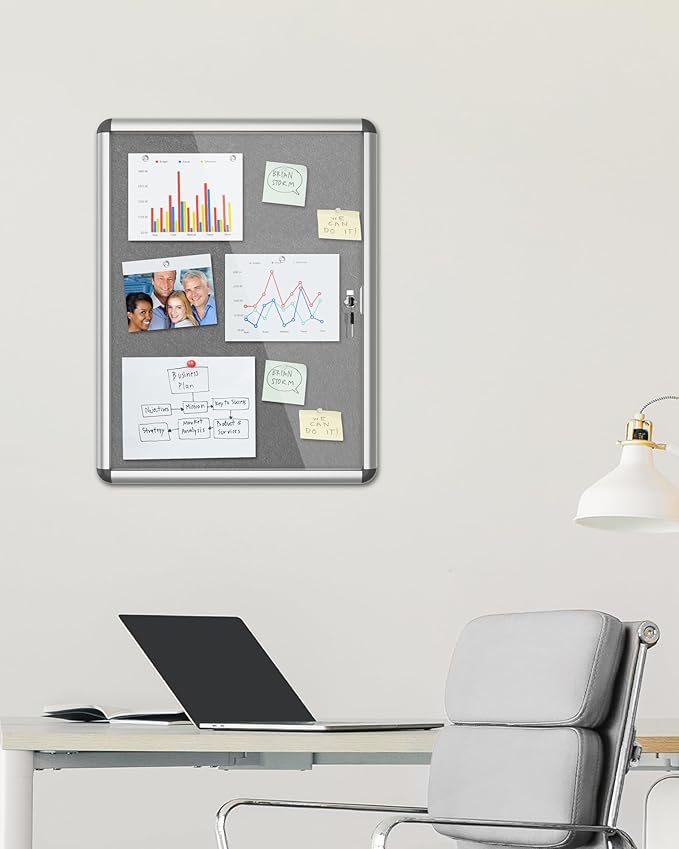 26"x20" Enclosed Bulletin Board, Lockable Weather-Resistant Aluminum Cork Noticeboard for School & Office, Silver Frame w/Grey Flet-DeskLoop Office