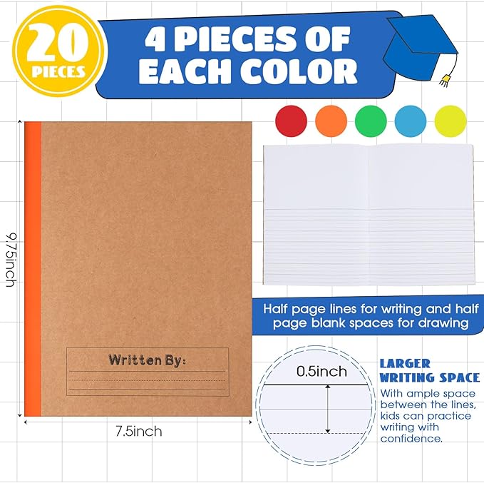 Henoyso 20 Pcs Primary Composition Notebook 9 3/4 x 7 1/2 Inch Kids Journal, Back to School Supplies, K-2 Primary Writing Notebook for Kids Student Draw and Write Story Journal (Bright Color)-DeskLoop Office