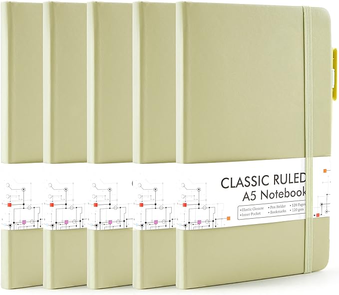 feela 5 Pack Notebooks Journals Bulk, Hardcover Classic Ruled Lined Journals with Pen Holder for Women Girls School Business Supplies, with 5 Black Pens, 120 GSM, 5.1”x8.3”, A5, Avocado Green-DeskLoop Office