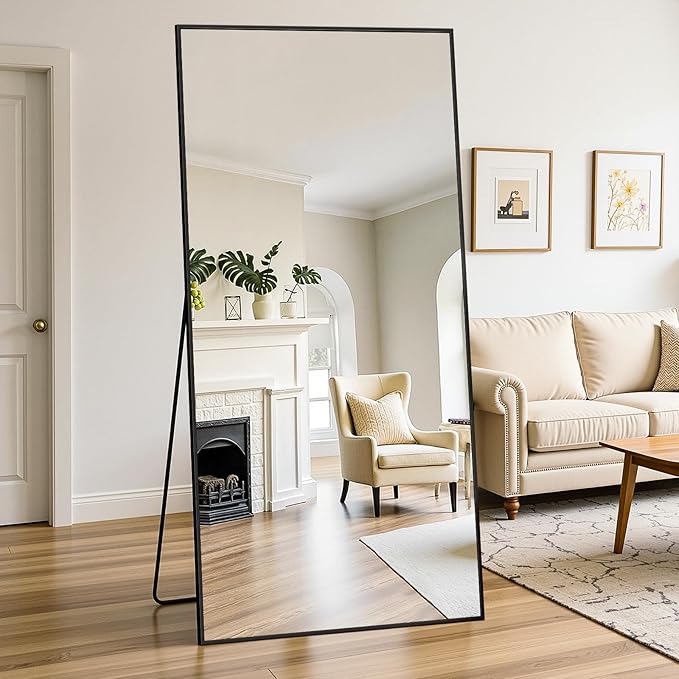 Full Length Mirror, 76"x34" Oversized Floor Mirror Freestanding, Full Body Mirror Floor Standing Mirrors with Stand, Hanging Mounted Mirrors for Bedroom Living Room, Black, Rect Style-DeskLoop Office