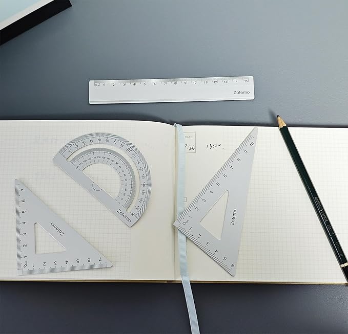 Geometry Ruler Set for Students, Metric Measurement 4-Piece Metal Math Drafting Kit with Non-Slip Design 15 cm Straightedge Ruler, 180° Protractor & 2 Triangles for School Kids (Silver)-DeskLoop Office