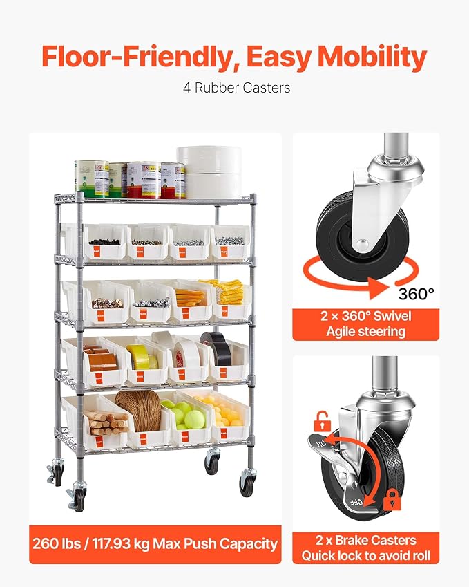 VEVOR 5-Tier Rolling Bin Storage Rack, 16 Organizer Bins, Bin Rack Storage - Image 7