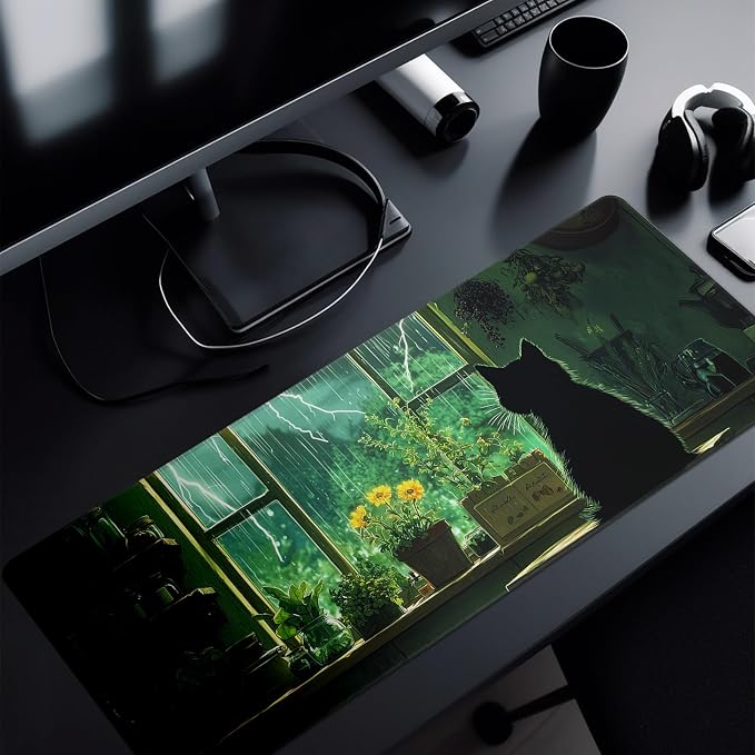 Green Black Cat Mouse Pad Abstract Green Mouse Pad 31.5x11.8 Inch Cat Texture - Image 8