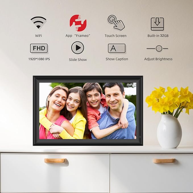 FRAMEO 15.6 inch Digital Picture Frame,Large WiFi Photo Frame 32GB,FHD IPS Touch Screen, Wall-Mounted,Share Photo/Video, Living Room Elderly Parents Birthday-DeskLoop Office