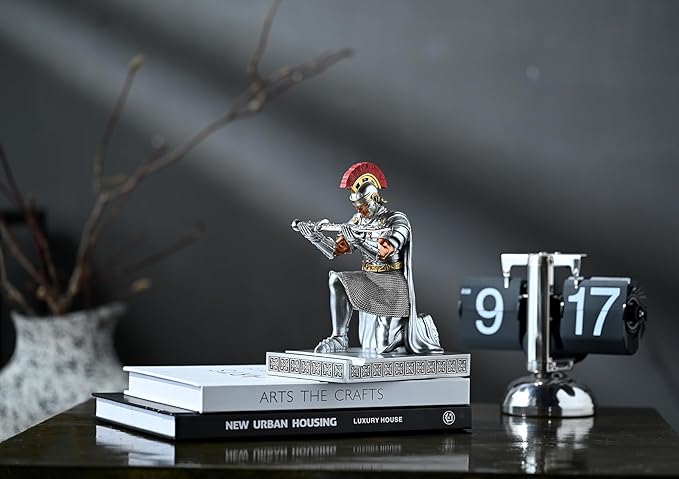 Roman Praetorian Prefect Warrior Knight Pen Holder Desk Ornament Resin Praetorian Guard Mobile Phone Stand Desk Accessories and Organizer For Office with a Letter Opener (Silver)-DeskLoop Office