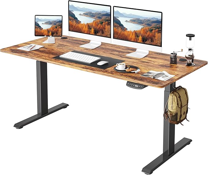 FEZIBO One-Piece Standing Desk Adjustable Height Stand up Home Office Desk, 55x24 Inch Electric Standing Computer Desk, with 4 Memory Presets, Fixable casters, Rustic Brown-DeskLoop Office