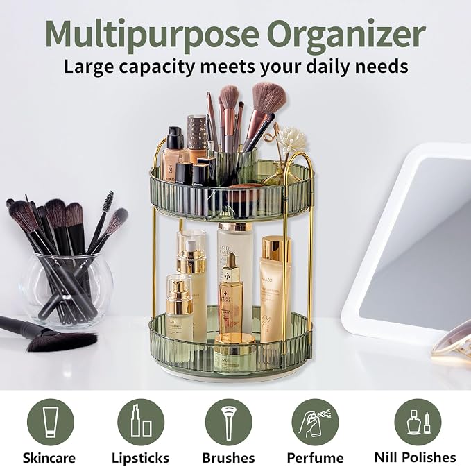 Asayuee 360 Rotating Makeup Organizer, 2 Tier Large Capacity Make Up Organizers - Image 6