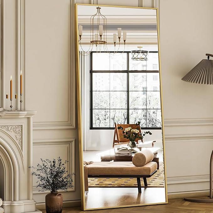 GLSLAND 68" x 24" Full Length Mirror - Rectangle Floor Mirrors Aluminum Alloy Frame Full Body Mirror for Bedroom, Living Room, Cloak Room, Gold-DeskLoop Office