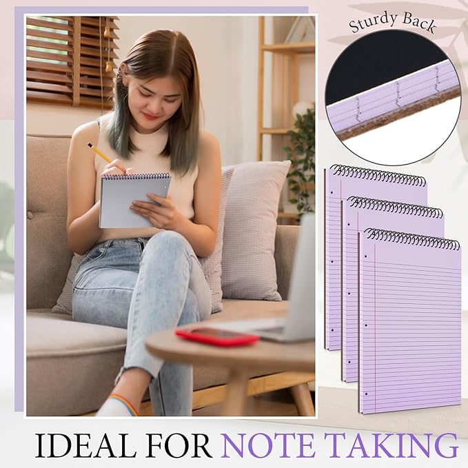 3 Packs 8.5" x 11" Top Spiral Notebook with 3 Hole Punched Legal Pads College Ruled Notepad 50 Sheets Hard Cardboard Paper Wirebound Notepad for Office School Business (Purple)-DeskLoop Office