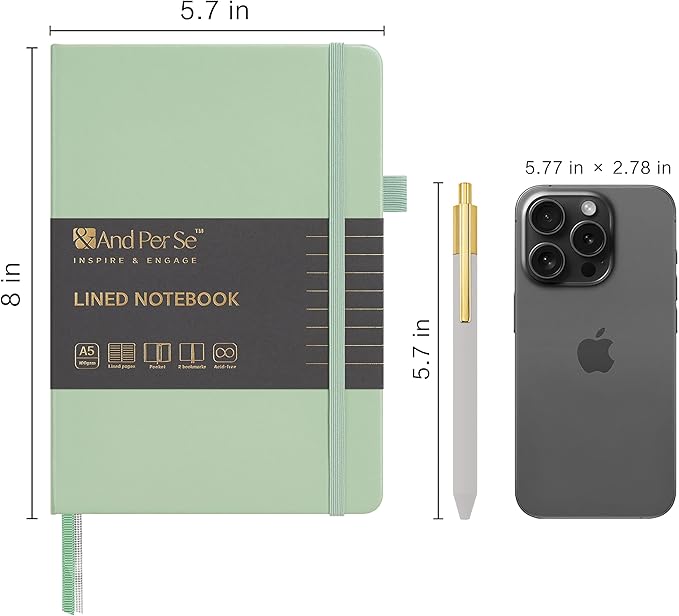 A5 Lined Leather Journal and Pen Set, Hardcover Notebook with Pen, 160 Pages 100gsm Thick Ruled Paper for Women Men Work Business School or Home Writing, 5.7'' x 8'' (Light Green)-DeskLoop Office
