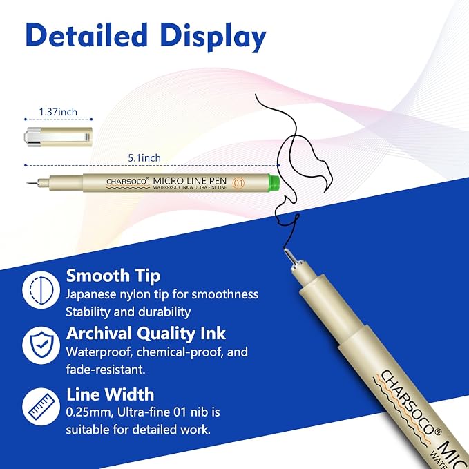 CHARSOCO 01 Micro Pen, Waterproof Archival Ink, 0.25mm Fineliner Ink Pens - Image 2