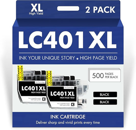 LC401XL LC401 MFC-J1010DW Black Ink Cartridges Compatible for Brother LC 401 XL MFC-J1010DW MFC-J1170DW MFC-J1012DW MFC-J1800DW MFC J1010DW Printer (High Yield, 2 Pack)-DeskLoop Office