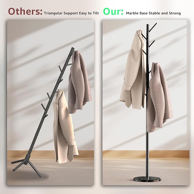 Coat Rack with Natural Marble Base, Metal Freestanding Coat Rack with 8 Hooks, 3 Adjustable Size Sturdy Coat Tree for Bags, Coats, and Hats for Entryway, Hallway, Bedroom, Office, Black-DeskLoop Office