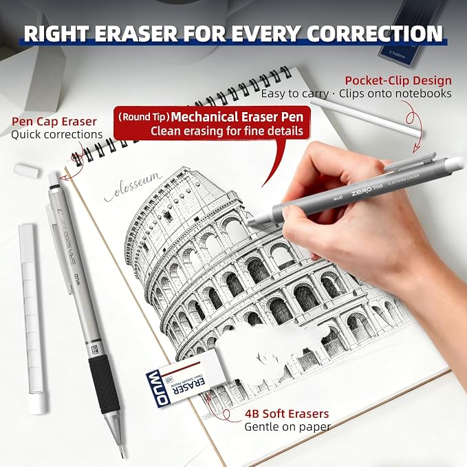 WUO 0.7mm Mechanical Pencil Set in Storage Case, 1 Eraser Pen, 12 Eraser Refills - Image 2
