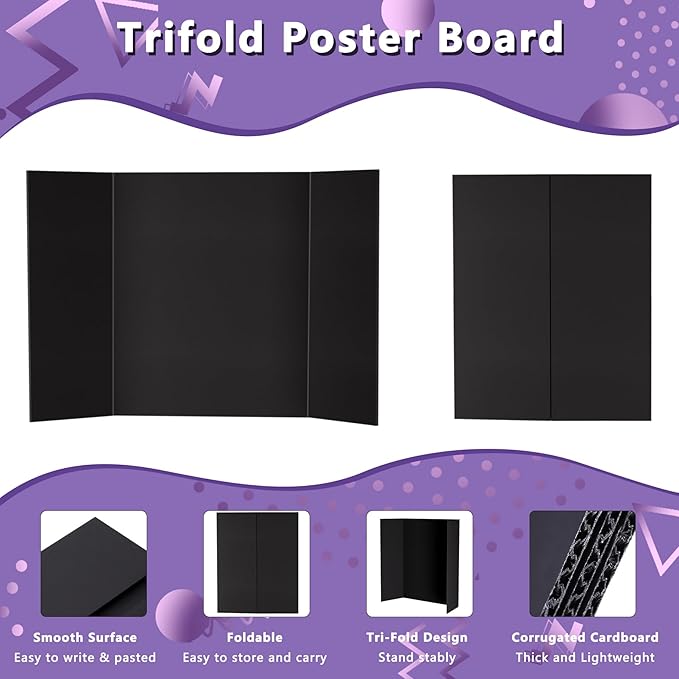 3 Pack Medium Trifold Poster Board 26" x 16" Tri Fold Poster Boards Black Corrugated Cardboard Project Boards for Presentations, School Projects, Science Fair, Exhibition Event Display-DeskLoop Office
