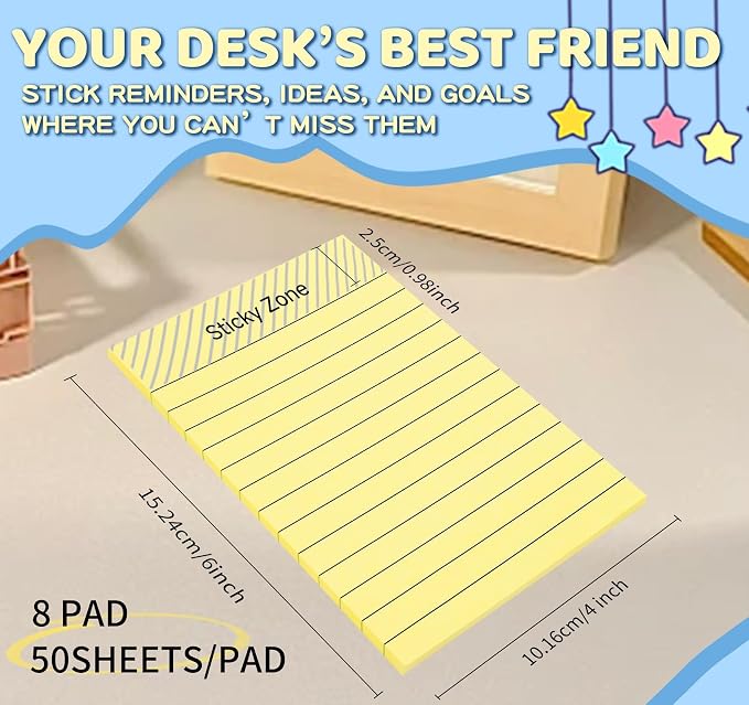 8 Pads Lined Sticky Notes 4x6 inch Giant Wall Post, 400 Sheet Light Yellow - Image 3