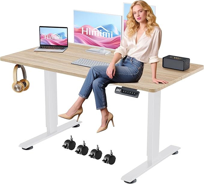 Himimi Electric Standing Desk 55 x 24 inch for Home Office,Sit-Stand Adjustable Desk with Memory Presets,Height Adjustable Desk for Gaming/Working,Free Hook, Lockable Wheels,Mouse Pad,Oak-DeskLoop Office